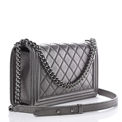 Chanel Metallic Lambskin Perforated New Medium Boy Flap Dark Silver 3 of 12