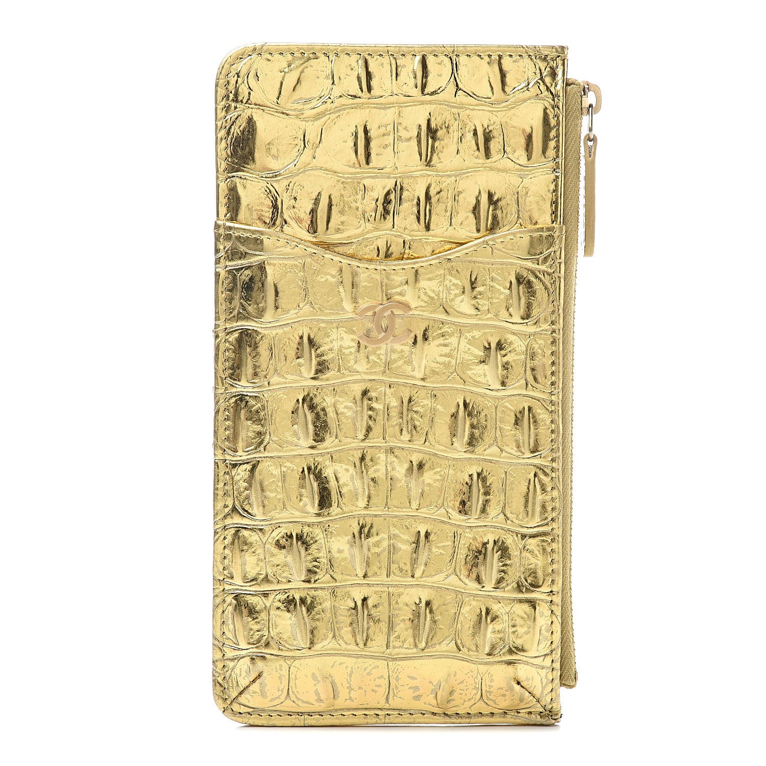 Chanel Calfskin Crocodile Embossed Cocodile Classic Flat Wallet Pouch Gold 1 of 10