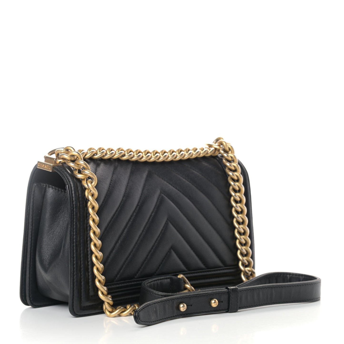 Calfskin Chevron Quilted Medium Boy Flap Black