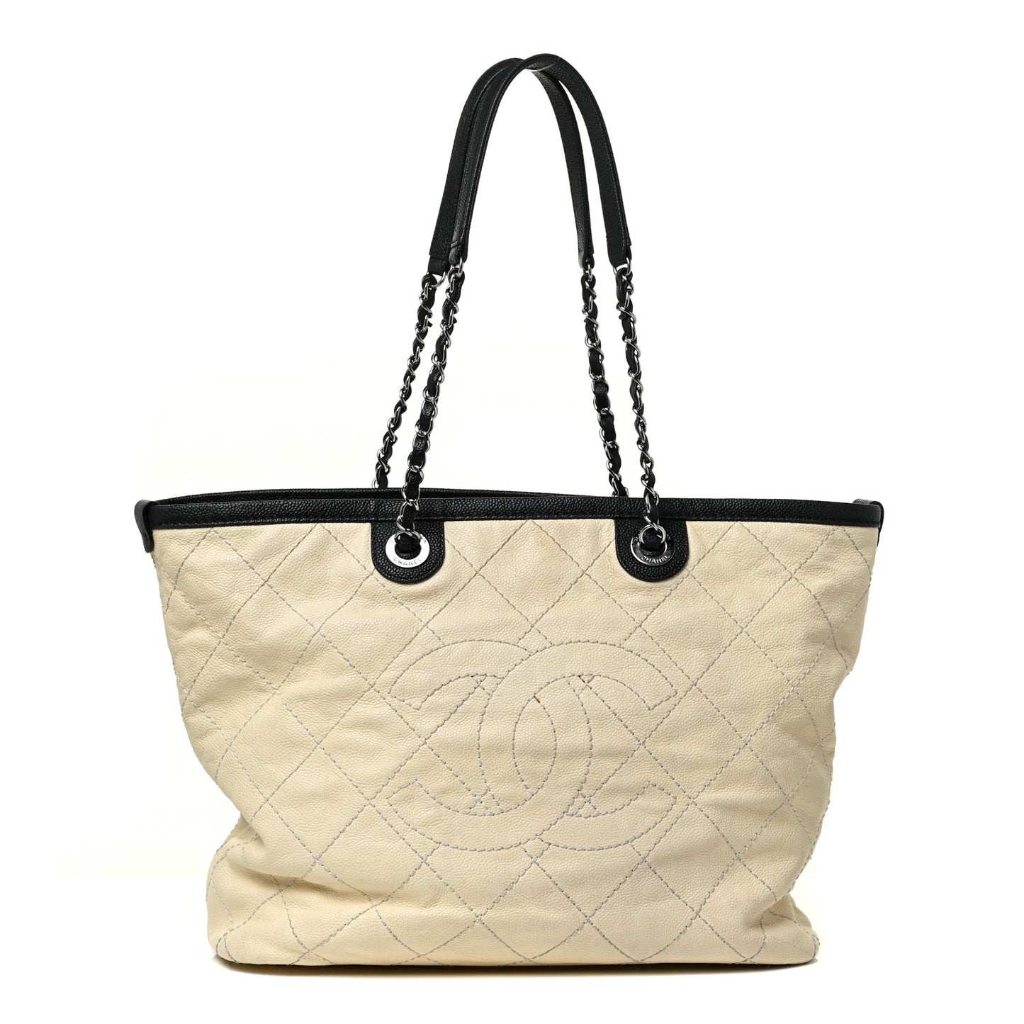 Grained Calfskin Quilted Small Daily Tote Dark White Black