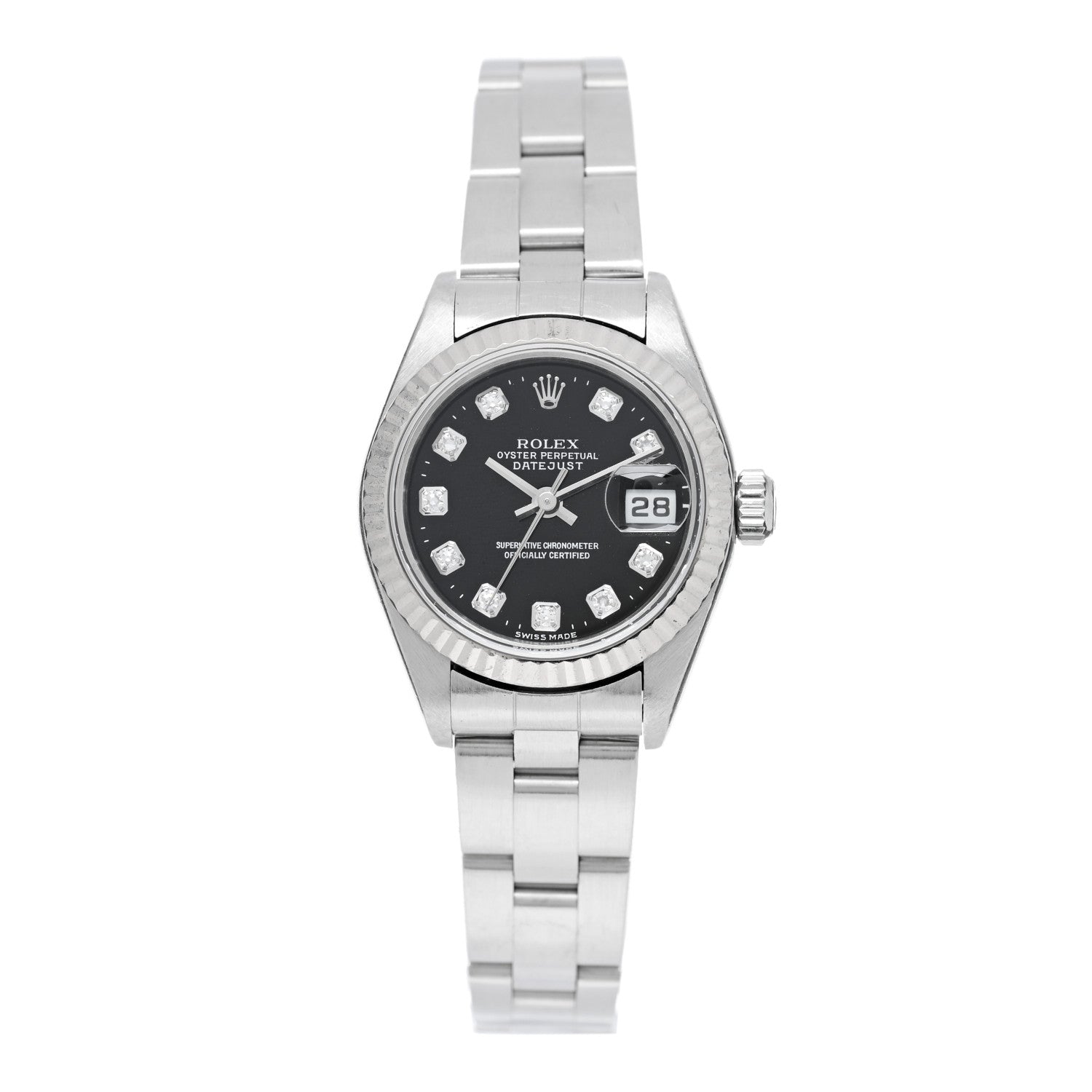 Rolex Stainless Steel 18K White Gold Diamond 26mm Oyster Perpetual Datejust Watch Black 79174 1 of 5