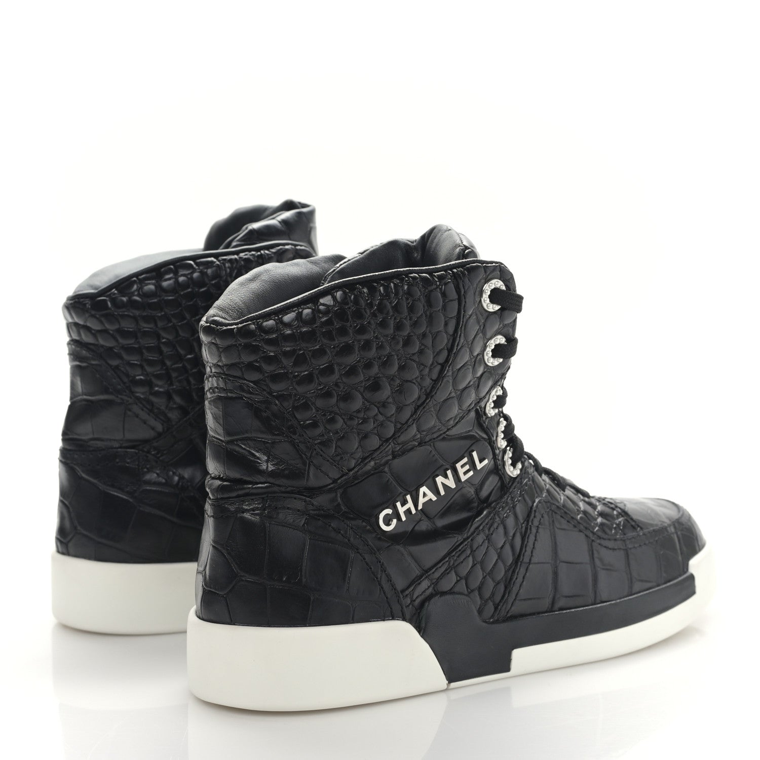 Chanel Calfskin Crocodile Embossed Cocodile High Top Sneakers 39 Black 4 of 8