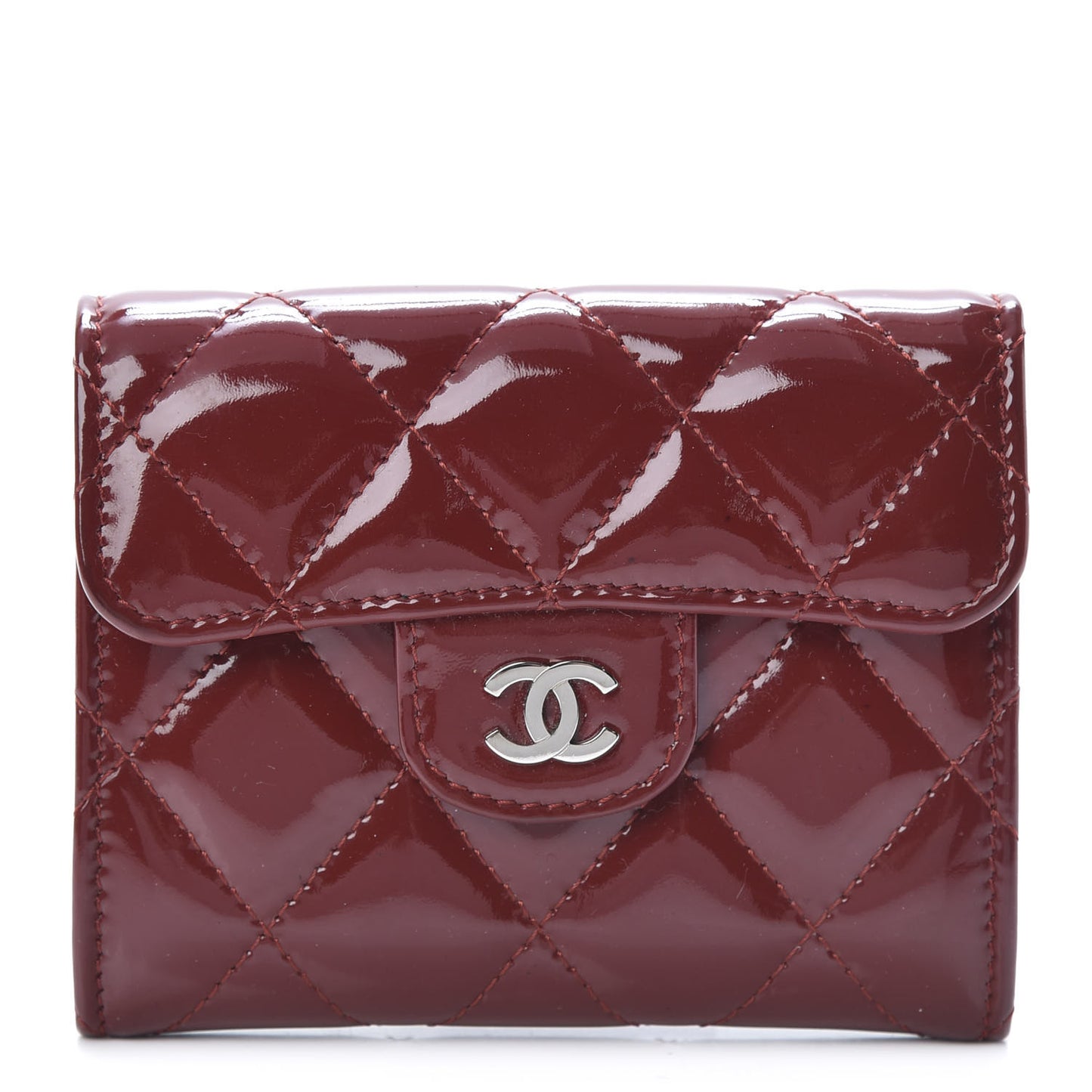 Patent Quilted Flap Card Holder Wallet Burgundy
