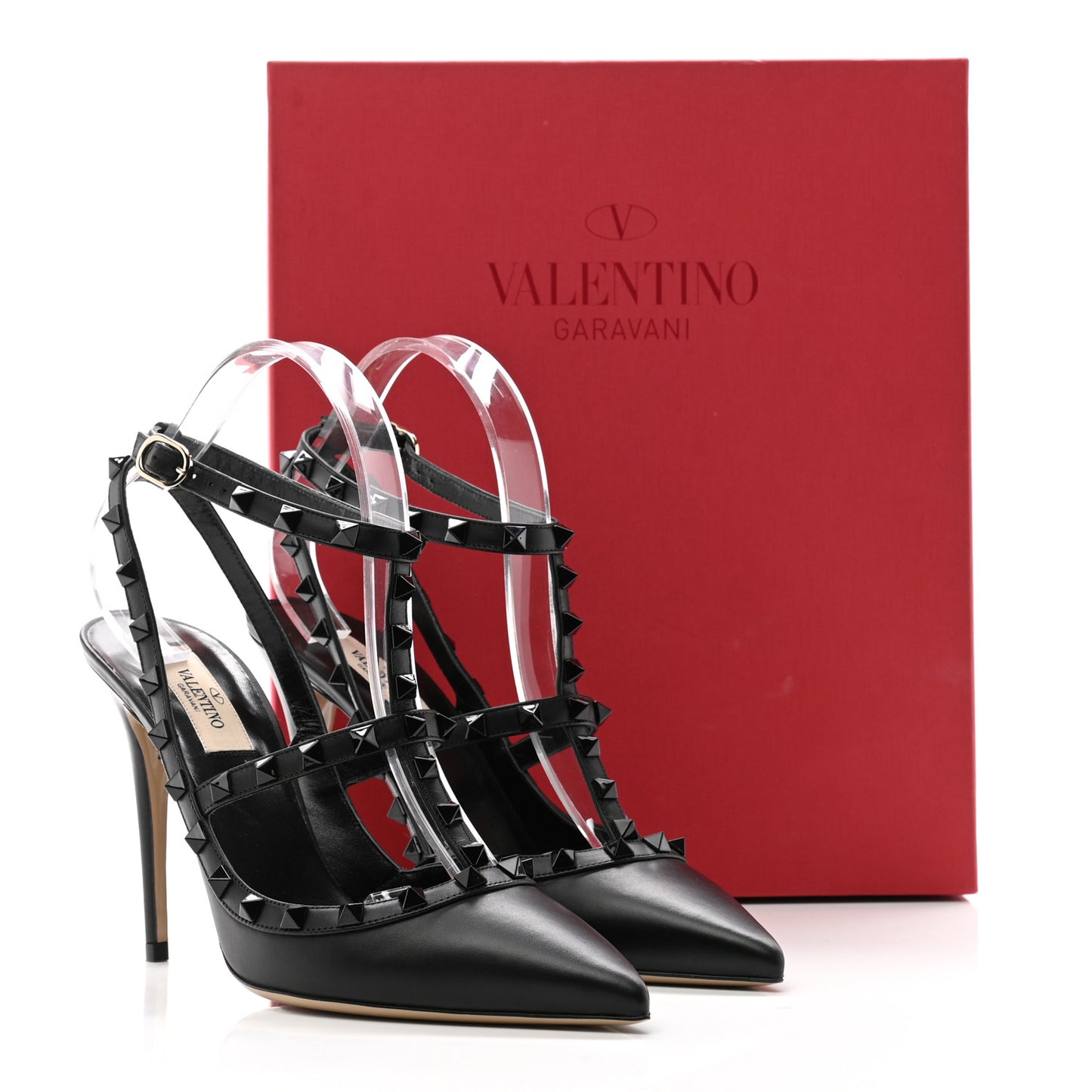 Calfskin Lacquered Monochrome Rockstud Ankle Strap 100mm Pumps 40 Black