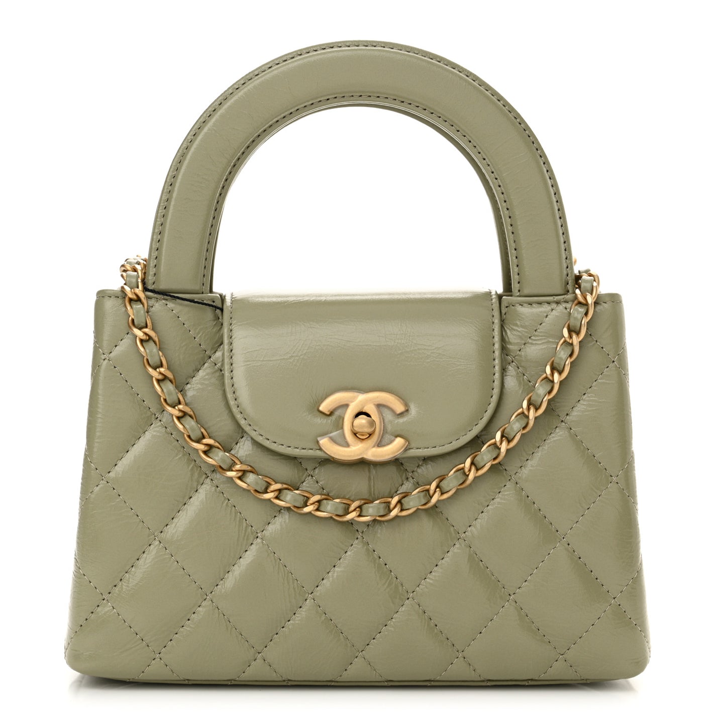 Shiny Aged Calfskin Quilted Nano Kelly Shopper Khaki