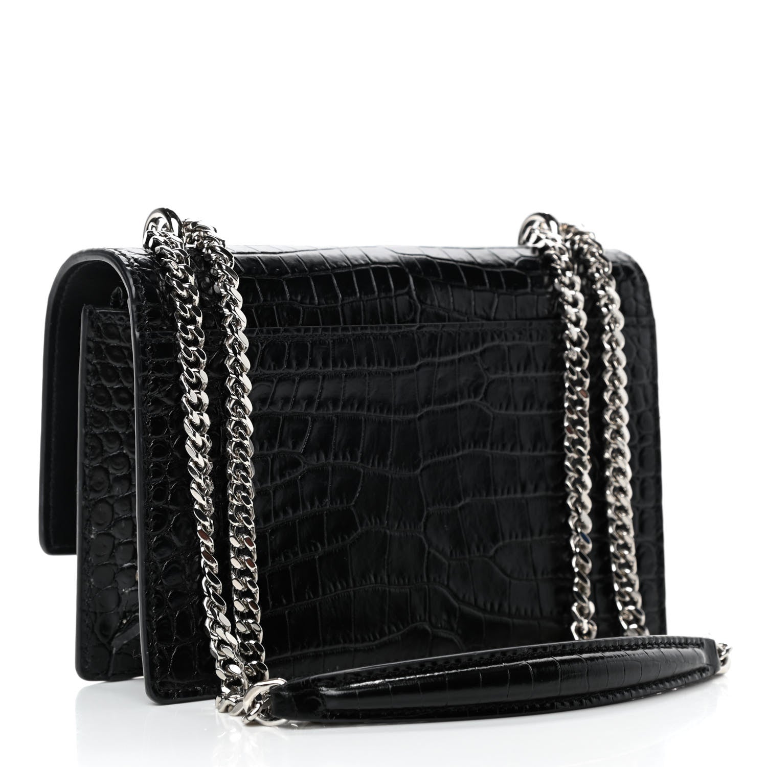 Saint Laurent Calfskin Crocodile Embossed Monogram Sunset Chain Wallet Black 2 of 4