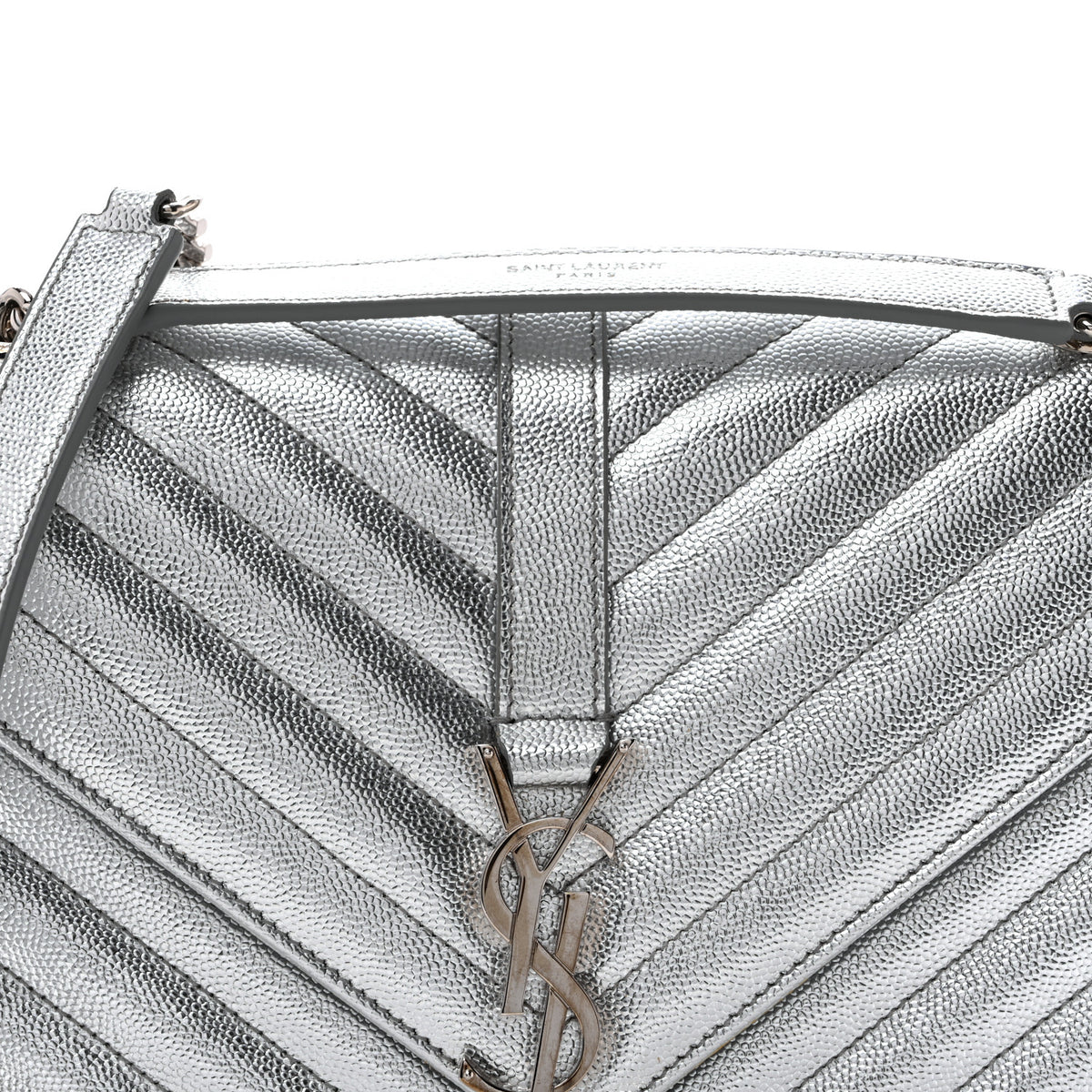 Metallic Grain De Poudre Matelasse Chevron Medium Monogram Satchel Silver