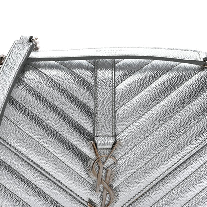 Saint Laurent Metallic Grain De Poudre Matelasse Chevron Medium Monogram Satchel Silver 7 of 14