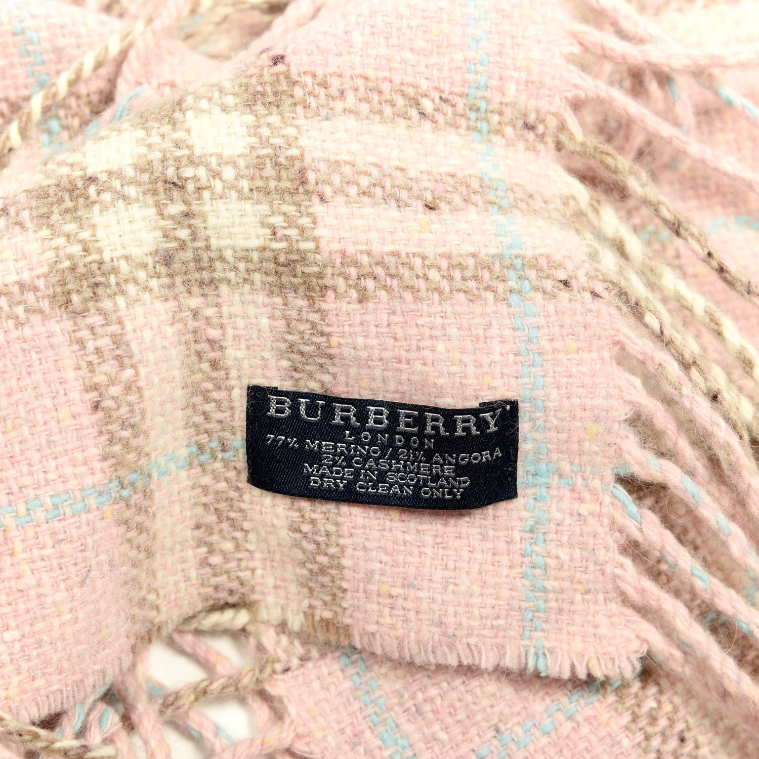 Burberry Merino Angora Wool Cashmere Check Happy Fringe Scarf Pink 3 of 3