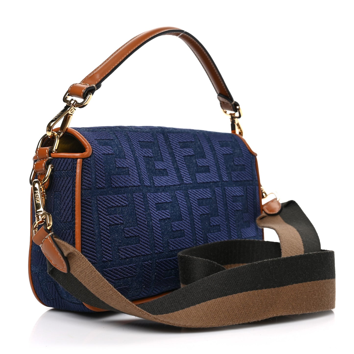Denim Vitello King FF Embroidered Baguette Blue Cuoio