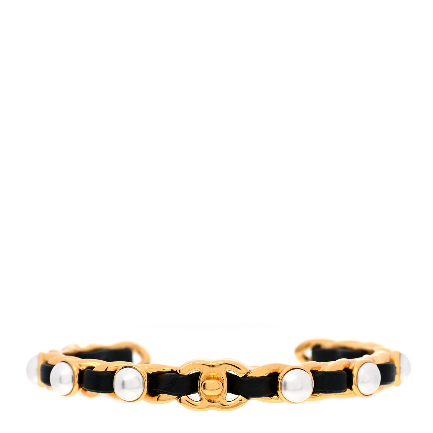 Lambskin Pearl CC Cuff Bracelet Black Gold