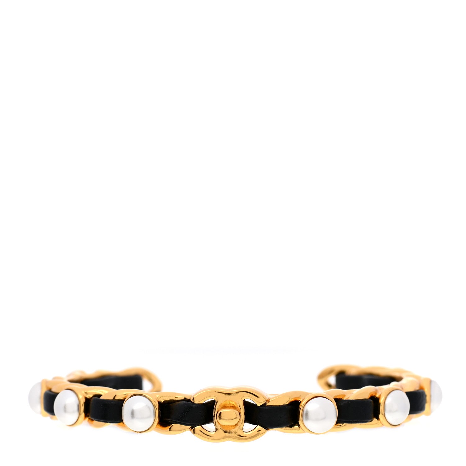 Chanel Lambskin Pearl CC Cuff Bracelet Black Gold 1 of 5
