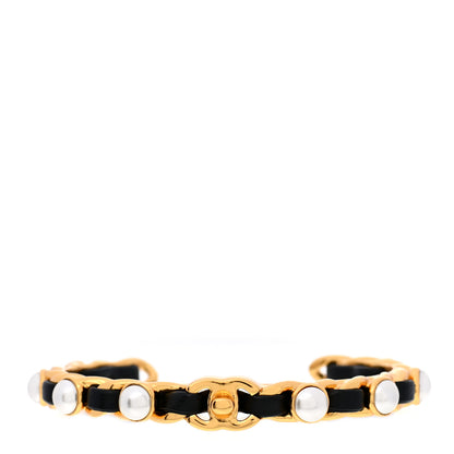 Chanel Lambskin Pearl CC Cuff Bracelet Black Gold 1 of 5