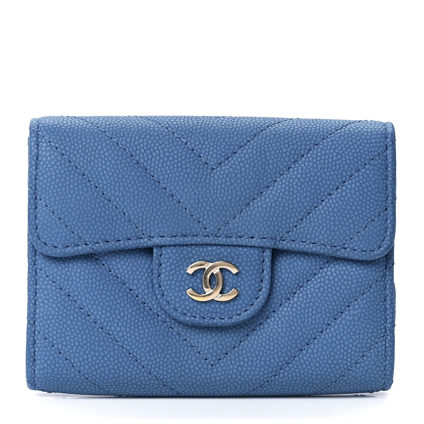 Caviar Flat Chevron Quilted Flap Card Holder Wallet Blue