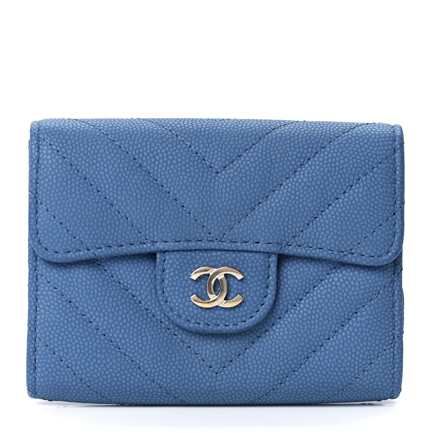 Chanel Caviar Flat Chevron Quilted Flap Card Holder Wallet Blue 1 of 12
