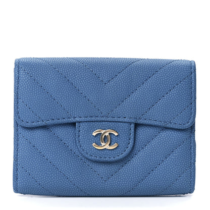 Chanel Caviar Flat Chevron Quilted Flap Card Holder Wallet Blue 1 of 12