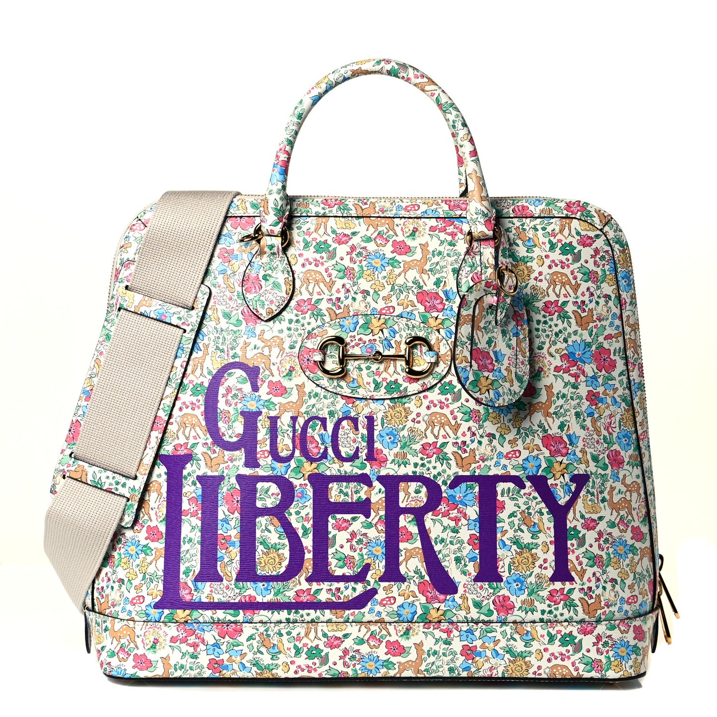 X LIBERTY OF LONDON Calfskin Floral Fawn Print Horsebit 1955 Duffle Bag Multicolor Purple Ivory