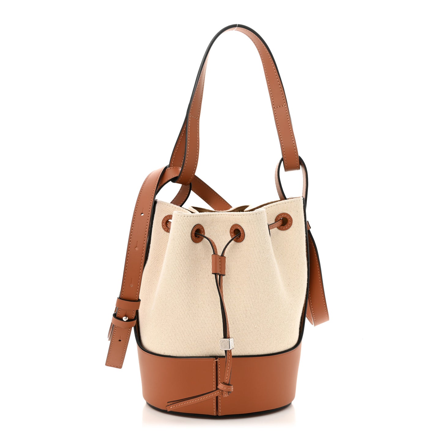 Canvas Calfskin Balloon Bucket Bag Ecru Tan
