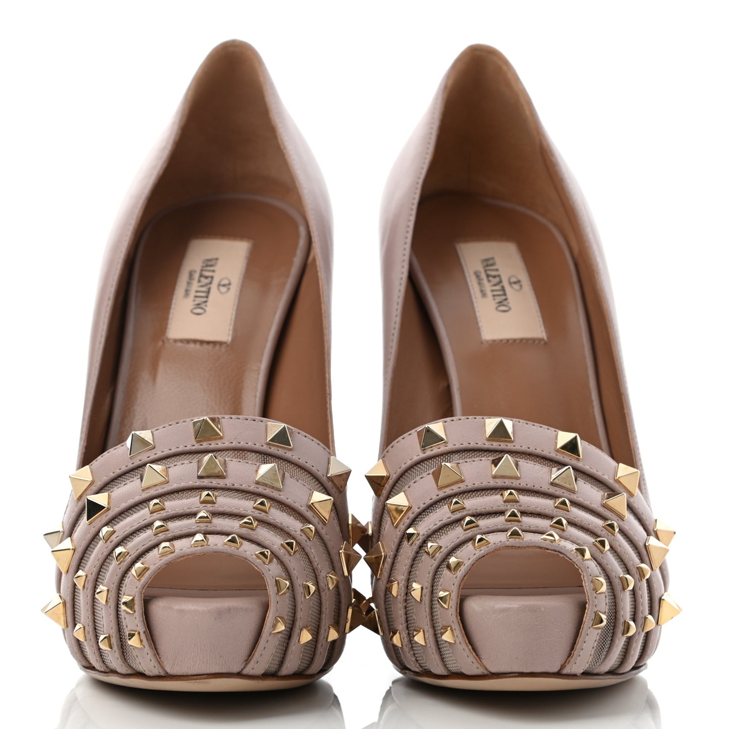 Nappa Mesh Rockstud Peep Toe Platform Pumps 38.5 Poudre