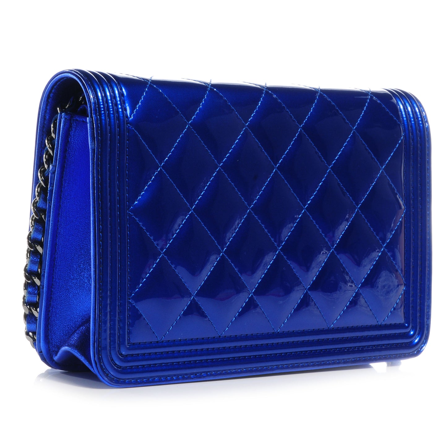 Metallic Patent Quilted Boy Wallet On Chain WOC Blue