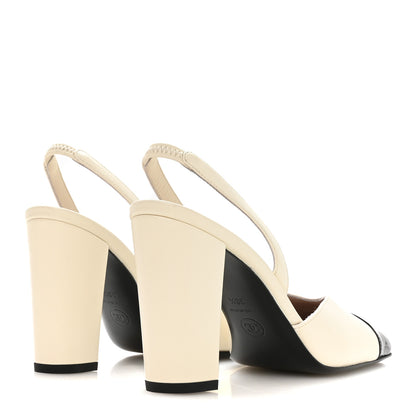 Chanel Lambskin Patent Calfskin Cap Toe CC Slingback Pumps 38.5 Ivory Black 5 of 9
