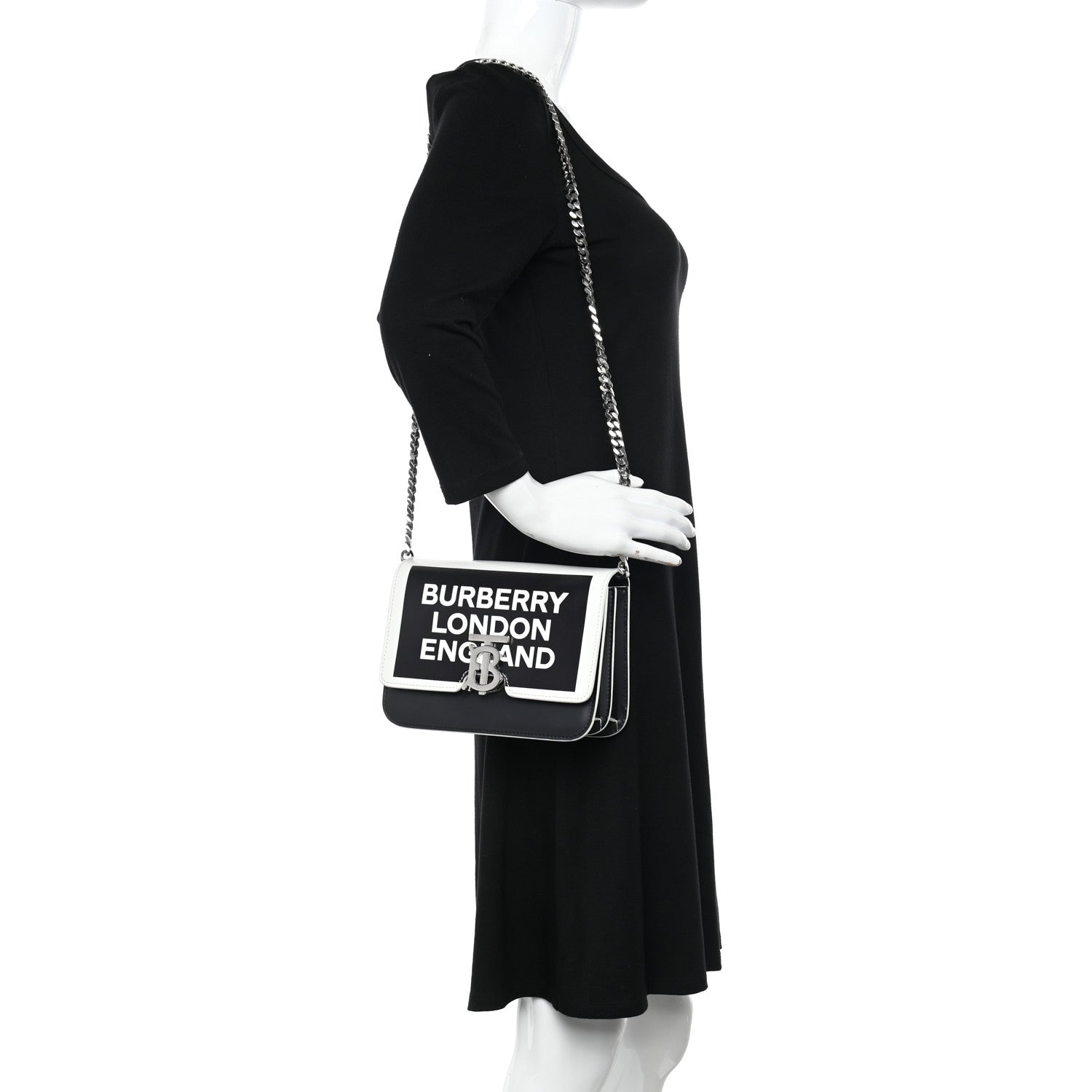 Burberry Calfskin Logo Printed Small TB Bag Black White 2 of 9