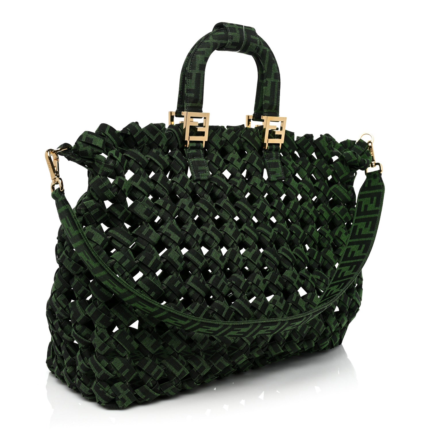 Fendi Fabric Jacquard FF 1974 Woven Knotted FF Tote Verde Black 3 of 7