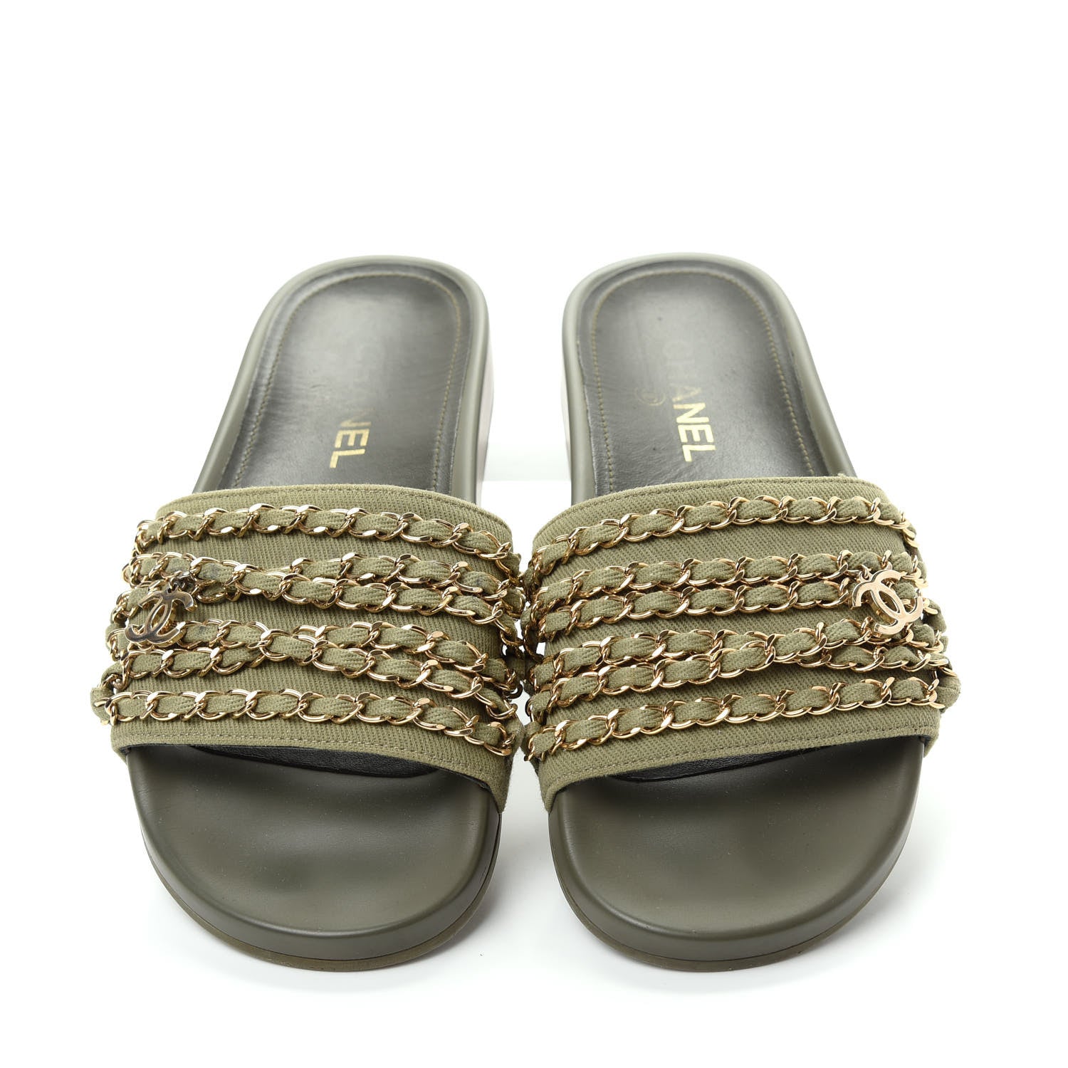 Chanel Canvas Chain Flat Sandals 38 Khaki 5 of 10