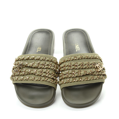 Chanel Canvas Chain Flat Sandals 38 Khaki 5 of 10