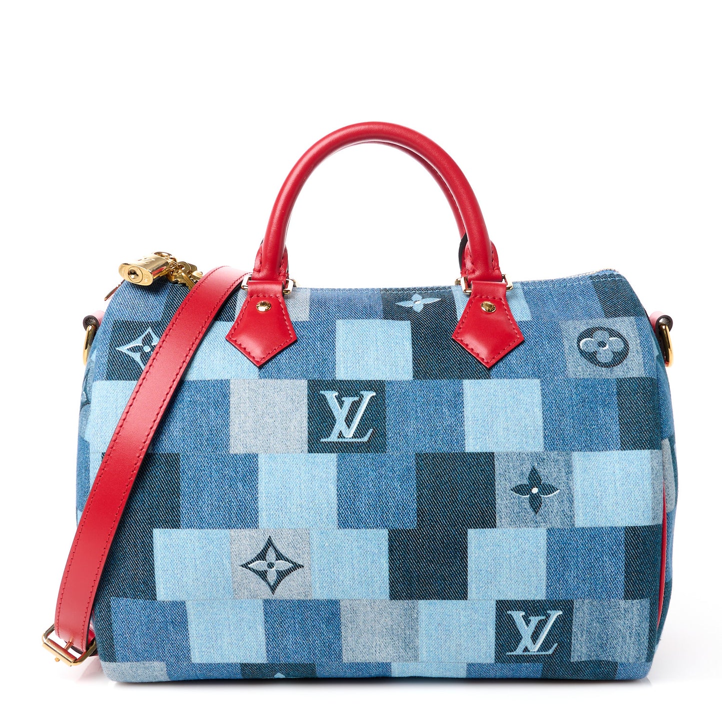 Denim Damier Monogram Patchwork Speedy Bandouliere 30 Blue Rouge