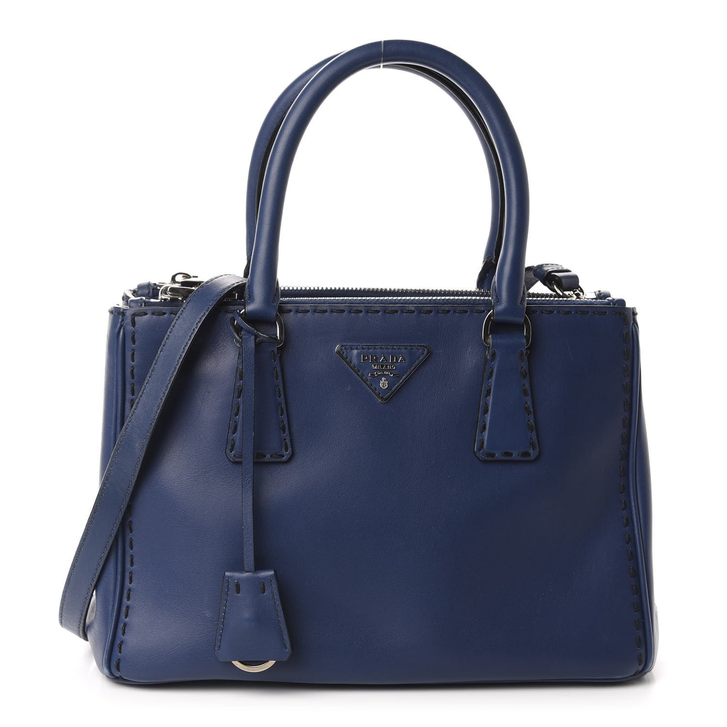 City Calf Hand Stitched Small Galleria Double Zip Tote Bluette