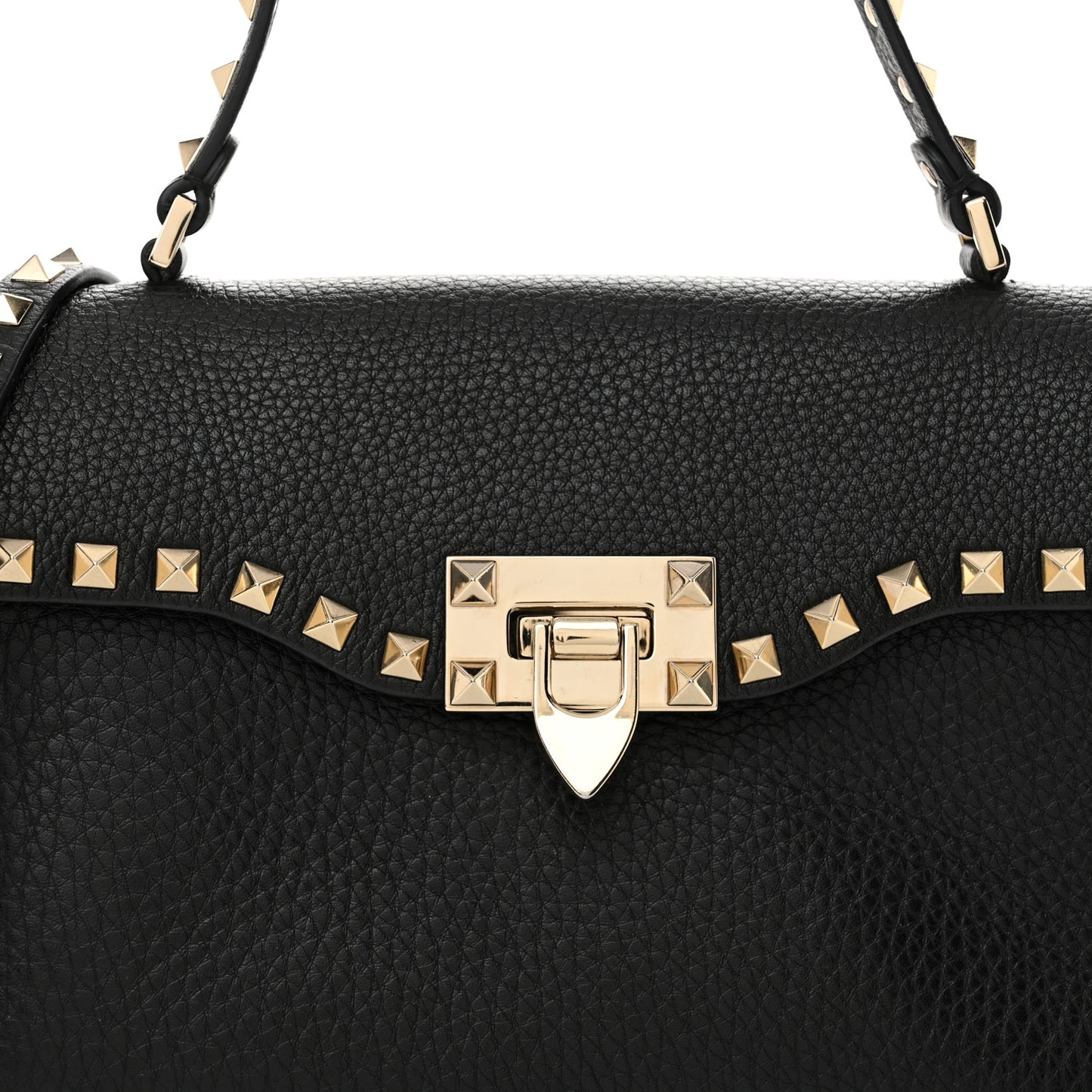 Pebbled Calfskin Rockstud Flip Lock Top Handle Bag Black
