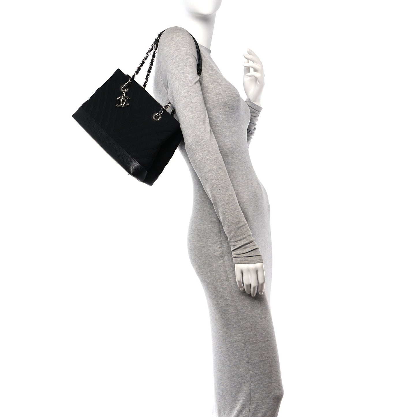 Canvas Caviar Chevron Shopper Tote Black