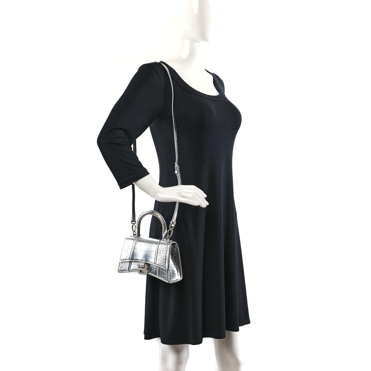 Metallic Calfskin Crocodile Embossed Crystal Hourglass Top Handle Bag XS Silver