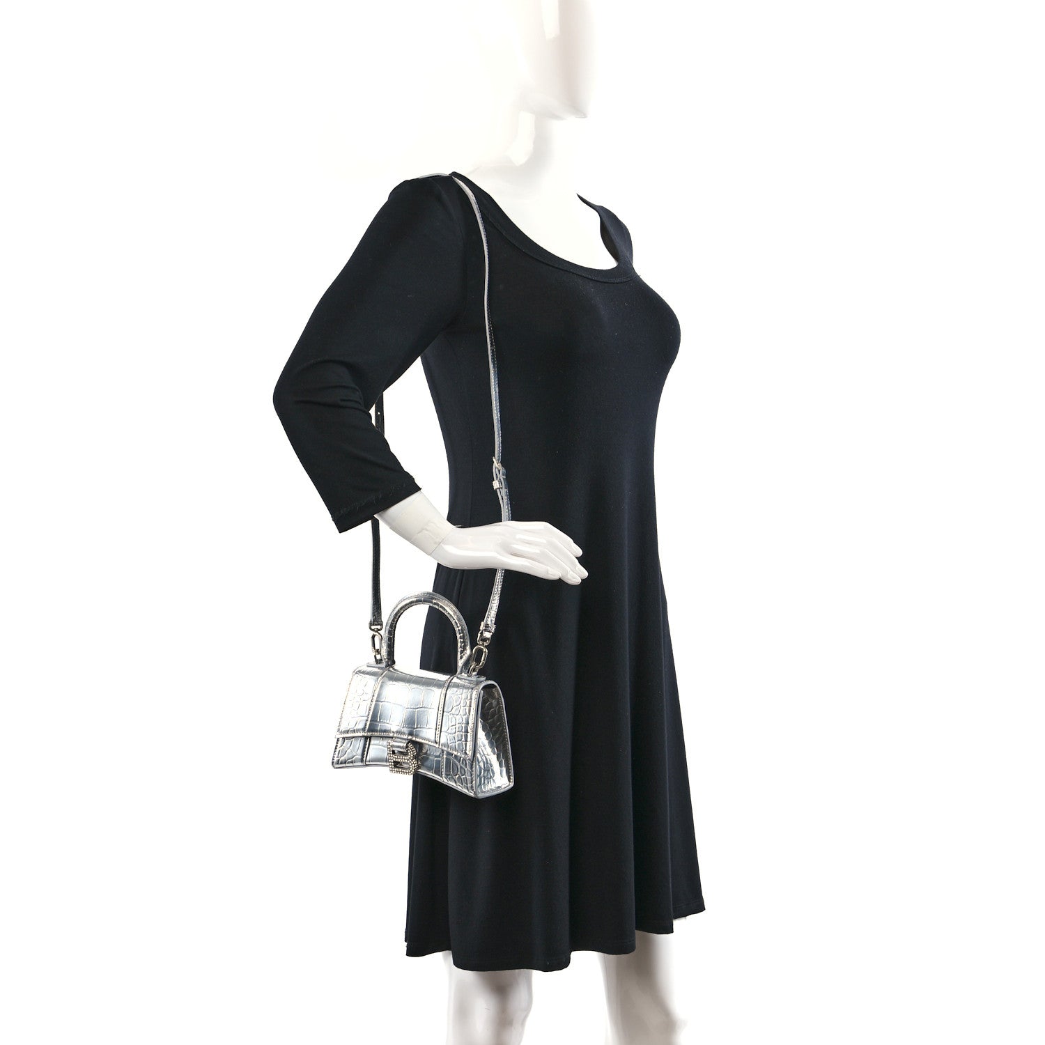 Balenciaga Metallic Calfskin Crocodile Embossed Crystal Hourglass Top Handle Bag XS Silver 2 of 10
