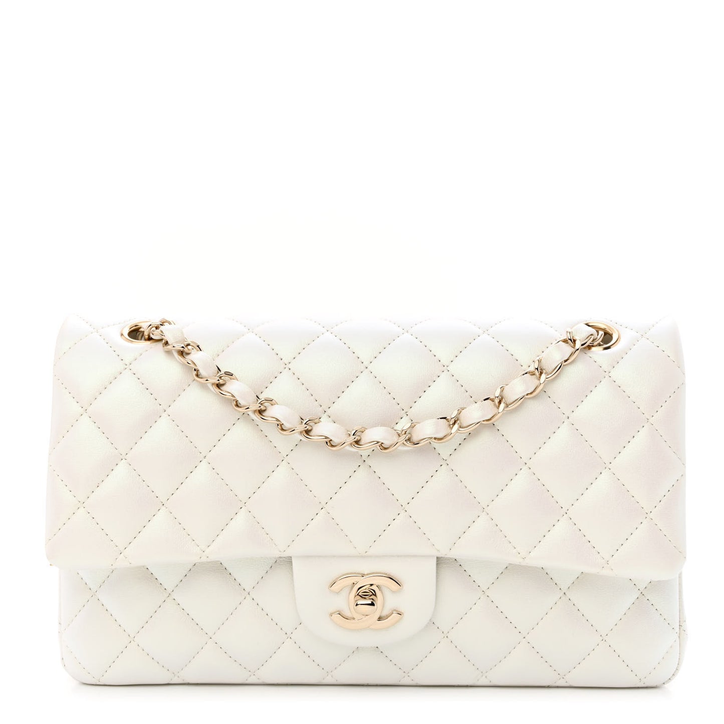 Iridescent Calfskin Quilted Medium Double Flap White