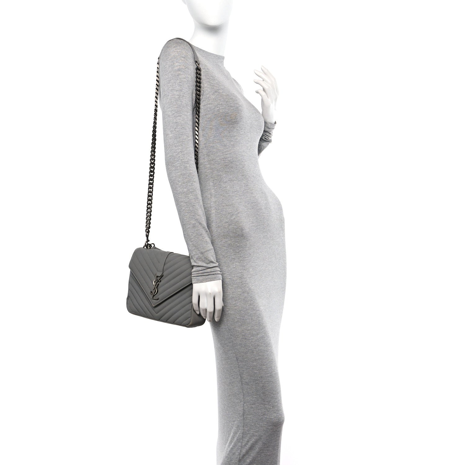 Saint Laurent Sheepskin Matelasse Chevron Monogram Medium College Bag New Stone Grey 2 of 15