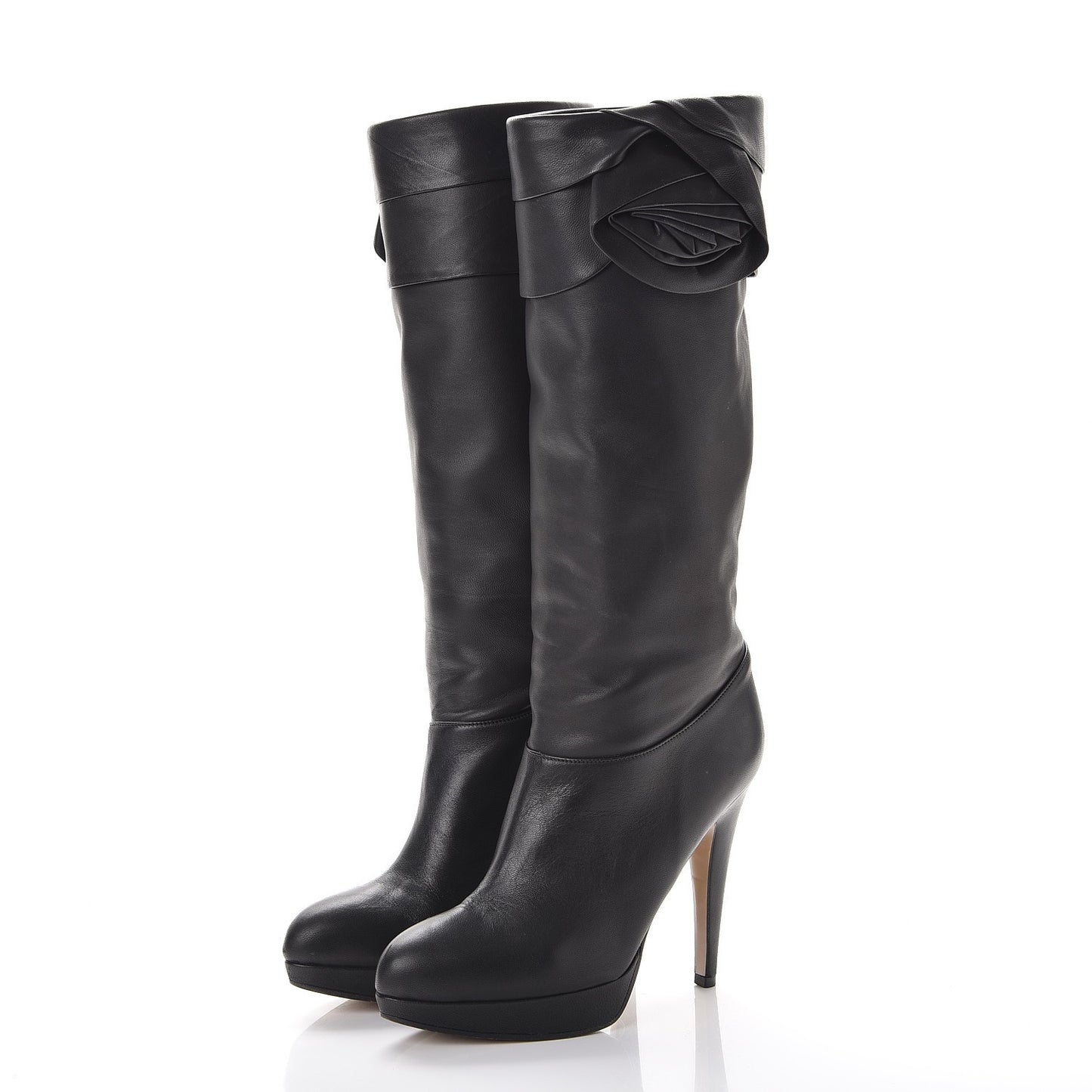 Lambskin Rose Rosette Tall Calf Boots 37.5 Black