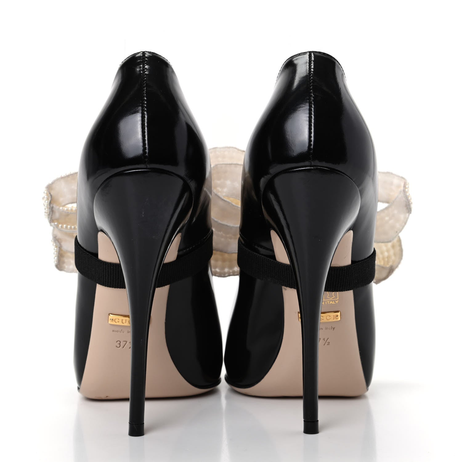 Gucci Polished Calfskin Removable Pearly Bow Elaisa Platform High Heel Pumps 37.5 Black 7 of 9