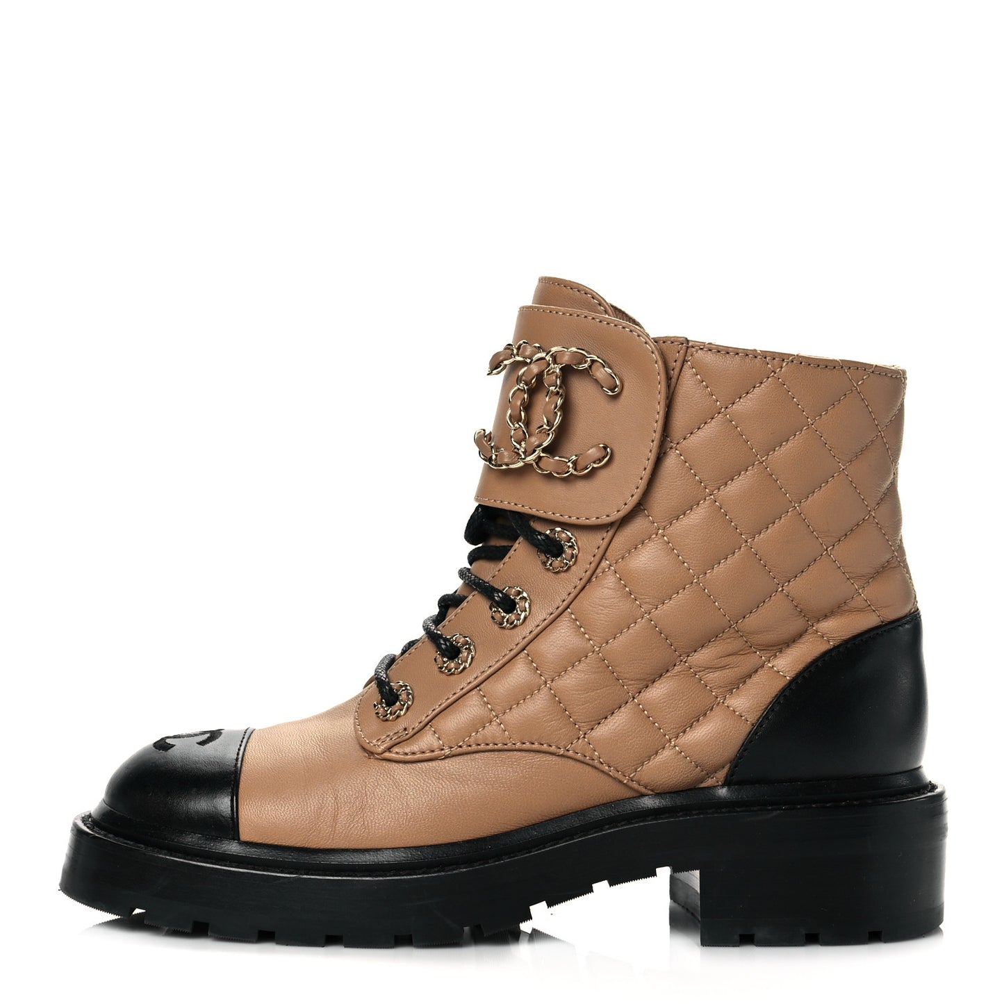 Lambskin Calfskin Quilted Lace Up Combat Boots 37 Light Brown