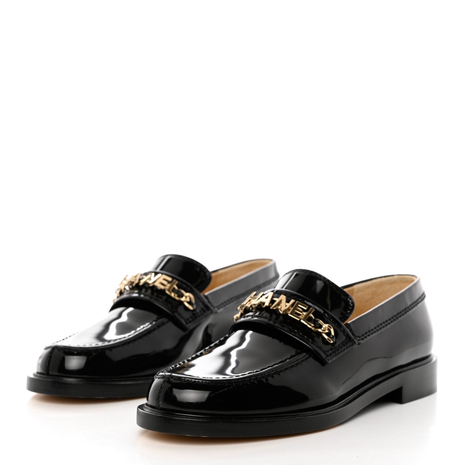 Chanel Shiny Calfskin Logo Loafers 38 Black 3 of 9