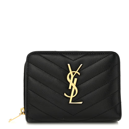 Saint Laurent Grain De Poudre Matelasse Chevron Monogram Compact Zip Around Wallet Black 1 of 8