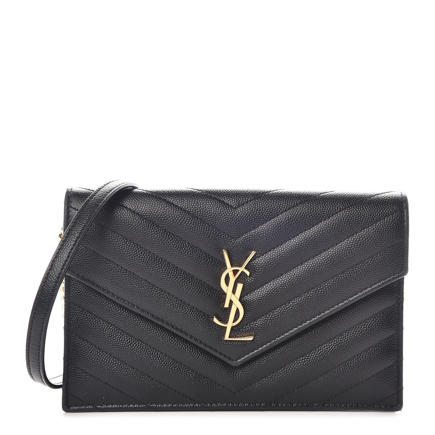 Saint Laurent Grain De Poudre Matelasse Chevron Monogram Envelope Chain Wallet Black 1 of 8
