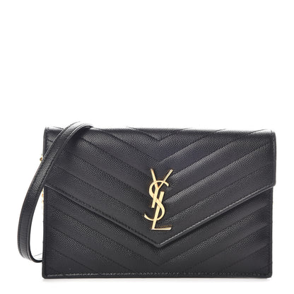 Saint Laurent Grain De Poudre Matelasse Chevron Monogram Envelope Chain Wallet Black 1 of 8