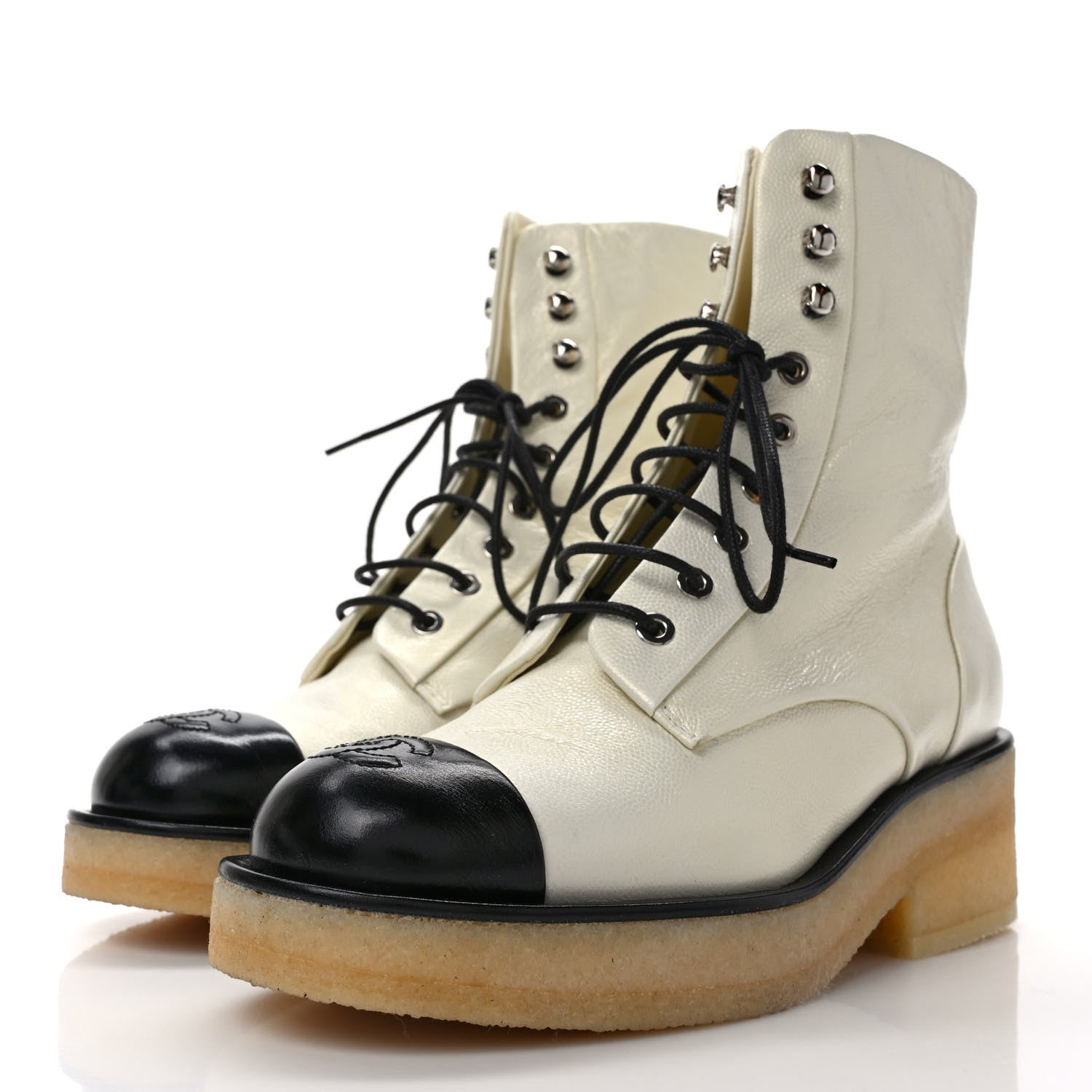 Chanel Pearlized Grained Calfskin Cap Toe Combat Boots 37 Ivory Black 3 of 9