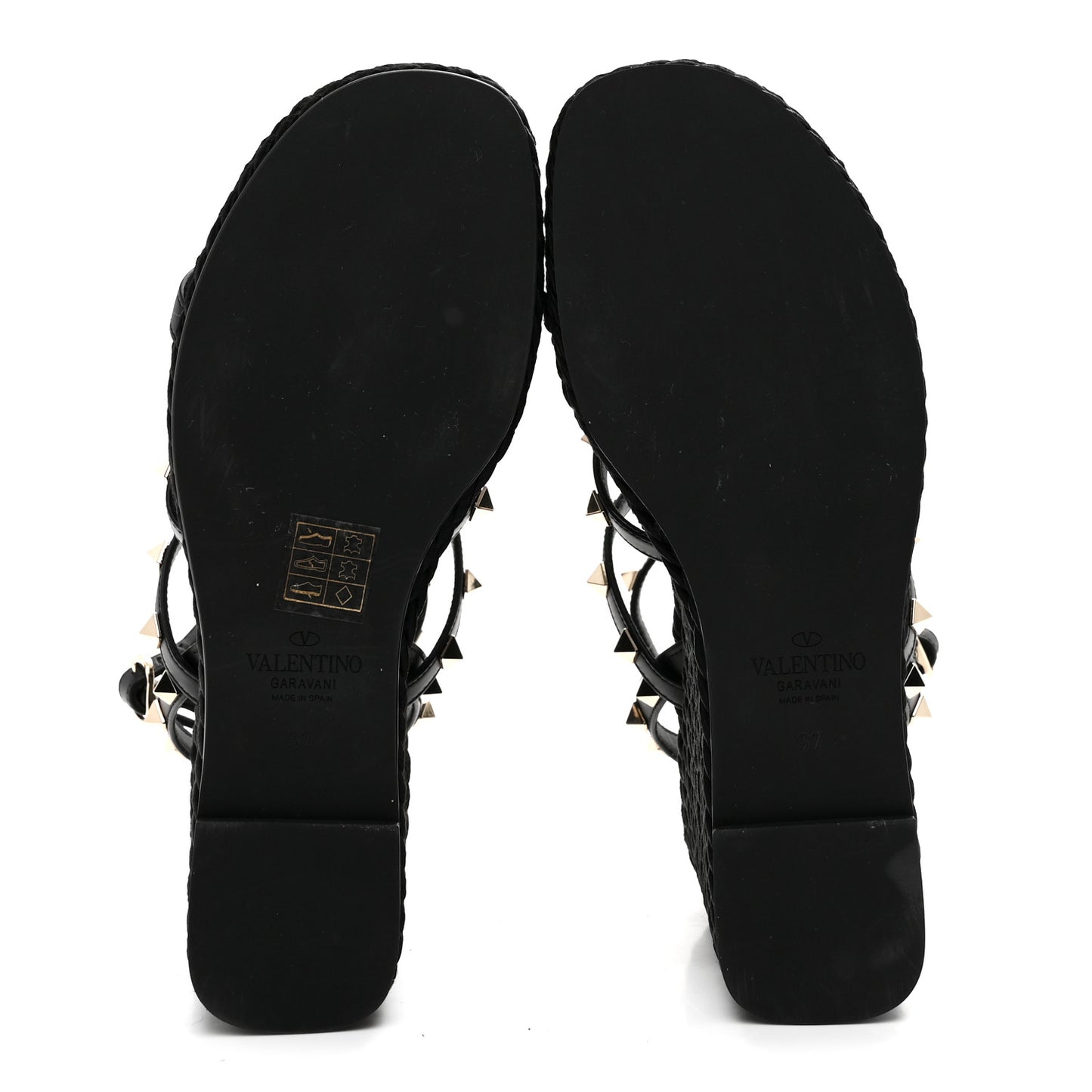 Calfskin Rockstud Ankle Strap Torchon Espadrille Caged 25/95mm Wedge Sandals 37 Black