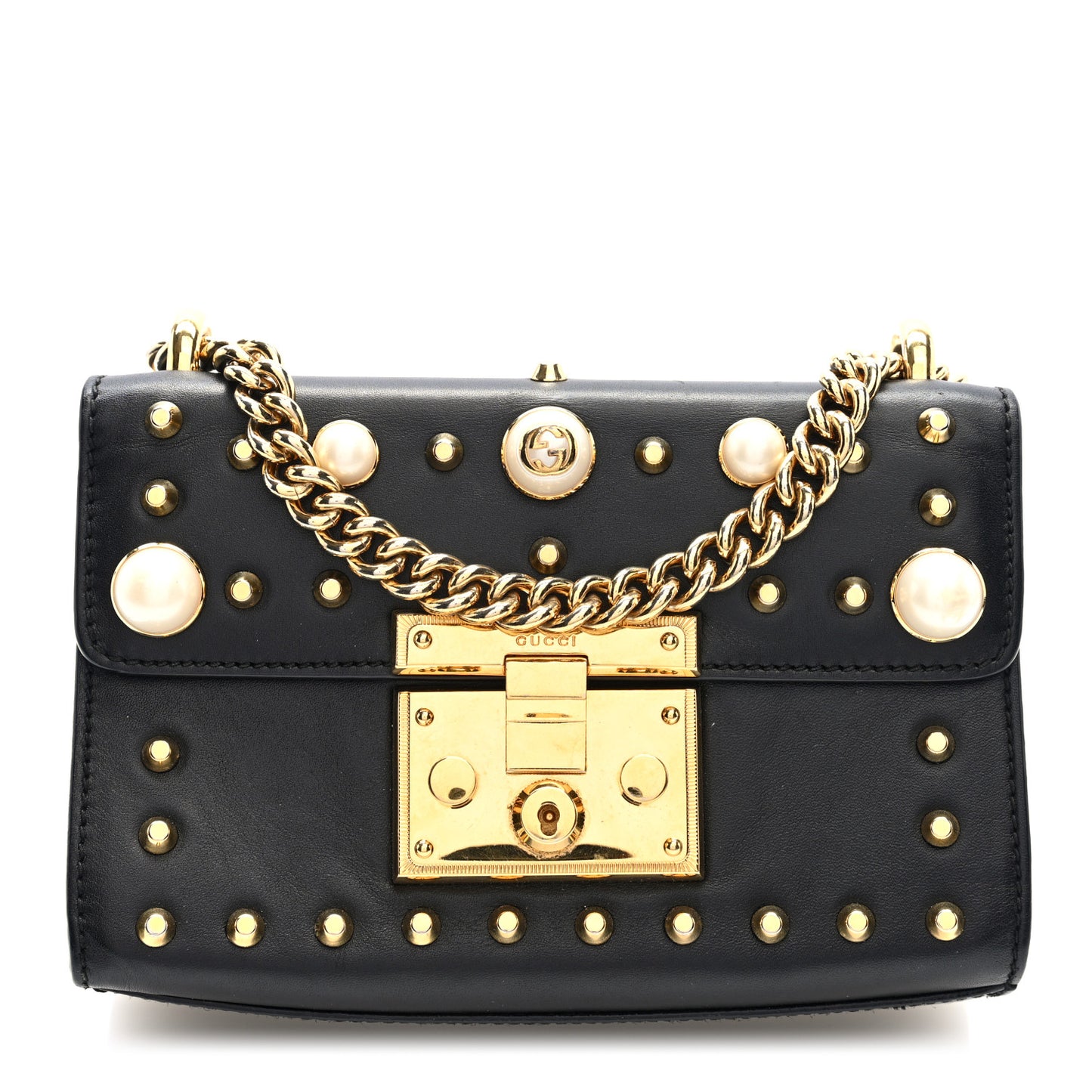 Calfskin Studded Small Padlock Shoulder Bag Black