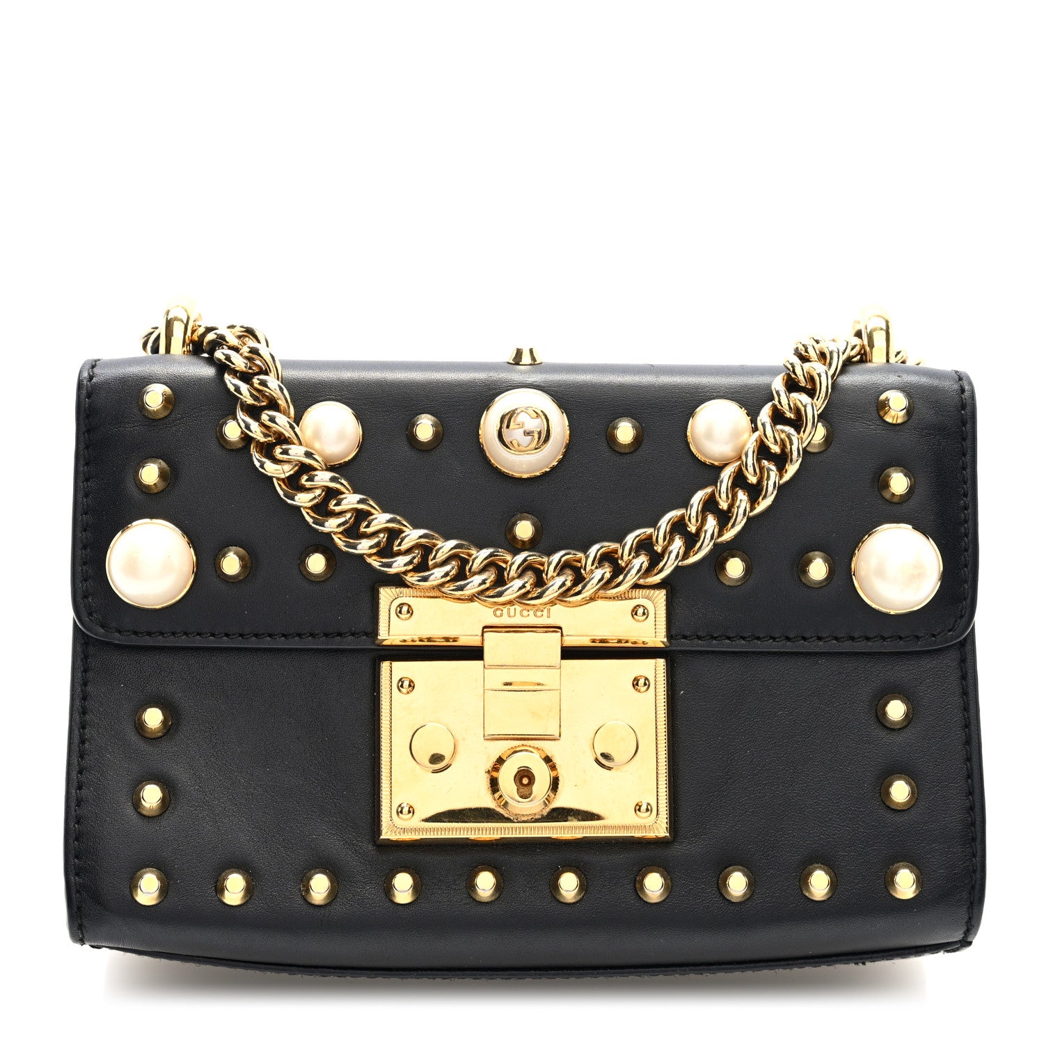 Gucci Calfskin Studded Small Padlock Shoulder Bag Black 1 of 10