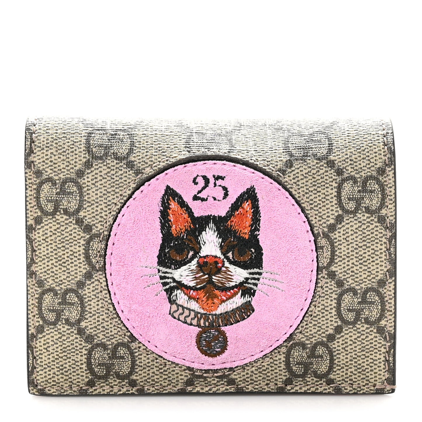 GG Supreme Monogram Bosco Patch Card Case Wallet Beige Malva Hibiscus Red
