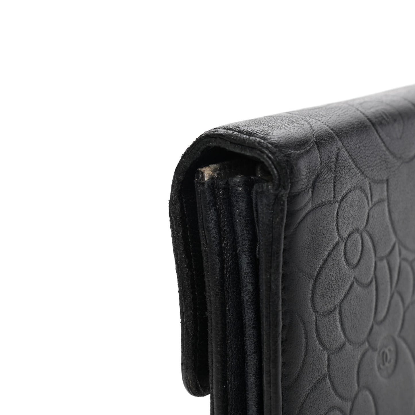 Lambskin Embossed Camellia Large Gusset Flap Wallet Black